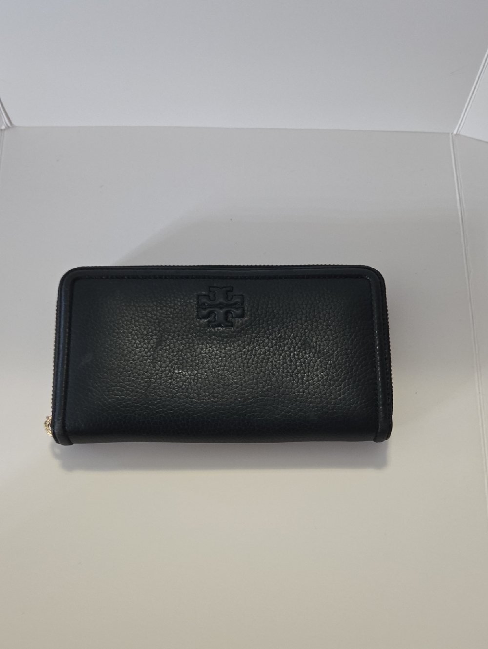 Tory Burch Black Pebbled Leather Zip Wallet with Logo